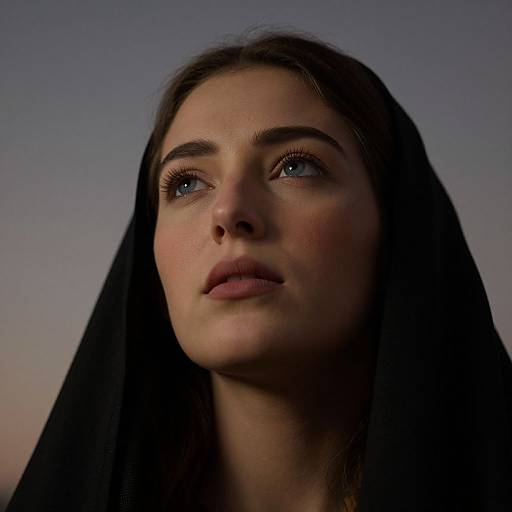 Photograph of a young woman with fair skin, dark brown hair, and blue eyes, wearing a black veil, gazing upward with a contemplative