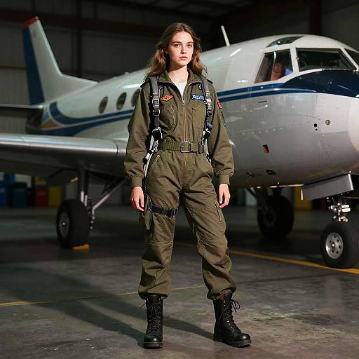 Photograph of a young woman with wavy brown hair, wearing an olive-green flight suit and black boots, standing in front of a small white aircraft