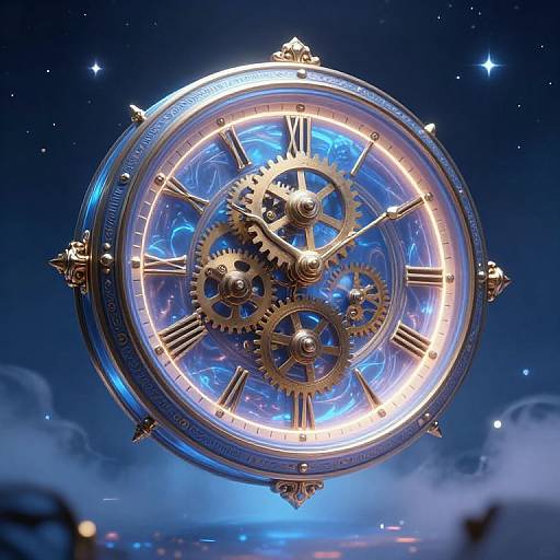 Digital art of a glowing, steampunk-style clock with gold gears, Roman numerals, and blue cosmic background floating in space.