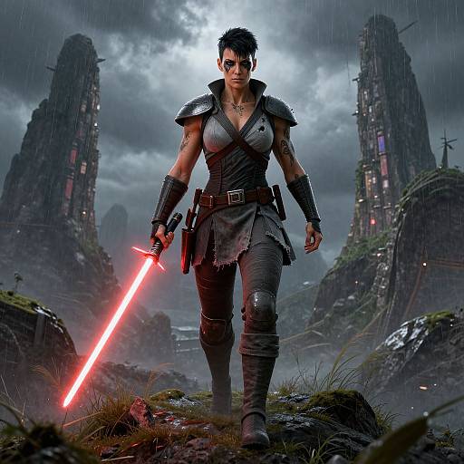 Digital artwork of a muscular, dark-haired warrior with tattoos, wearing armor and holding a glowing red lightsaber, standing in a rainy, foggy,