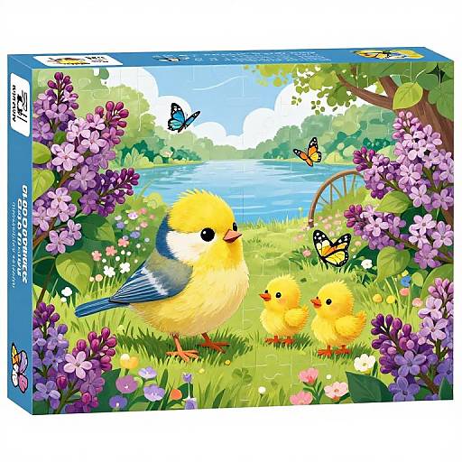 Colorful puzzle box featuring a yellow chick with blue wings, two yellow chicks, butterflies, and vibrant purple flowers by a blue river. Cartoon-style illustration