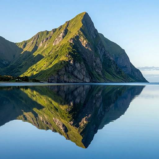 Photograph of a sunlit, green and rocky mountain reflecting perfectly in a calm, blue lake under a clear sky.