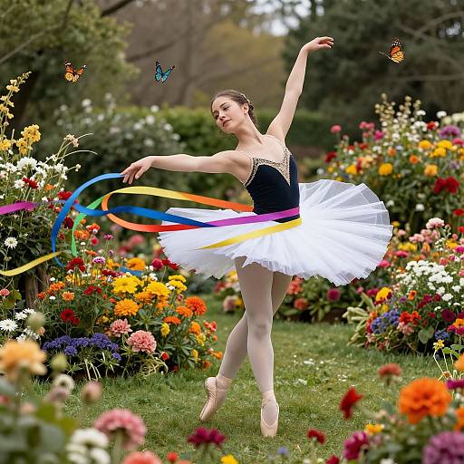 Photograph of a ballet dancer in a black bodice and white tutu with rainbow ribbons, surrounded by vibrant flowers and butterflies in a lush garden