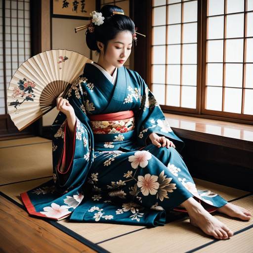 Japanese Geisha in Floral Kimono with Folding Fan