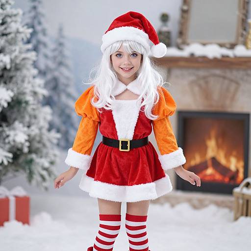 Photograph of a young girl with white hair in a Santa costume, orange sleeves, red skirt, striped stockings, standing in a snowy, festive living