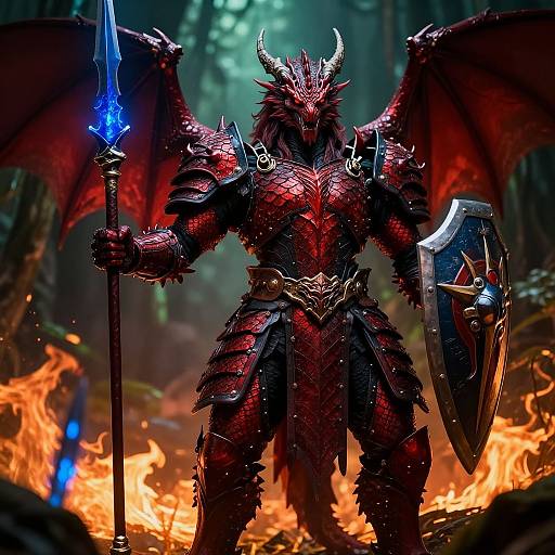 Digital fantasy artwork of a muscular, red-scaled demon warrior with horns, wings, and glowing blue sword, standing amidst fiery forest ruins.