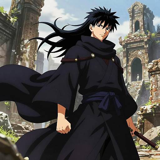 Anime-style digital illustration of a black-haired, serious young man in a dark cloak, standing in a ruined, sunlit ancient temple.