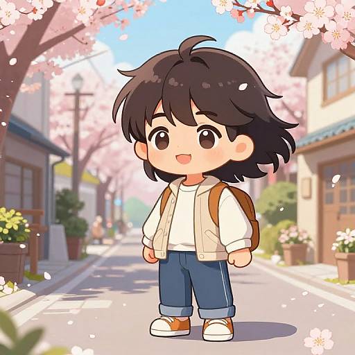 Chibi-style digital drawing of a happy, brown-haired child with a backpack, standing on a sunny cherry blossom-lined street.