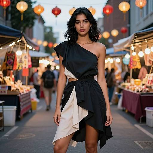 Photograph of a confident, dark-haired woman in a black-and-white asymmetrical dress, walking down a vibrant, lantern-lit evening market street.