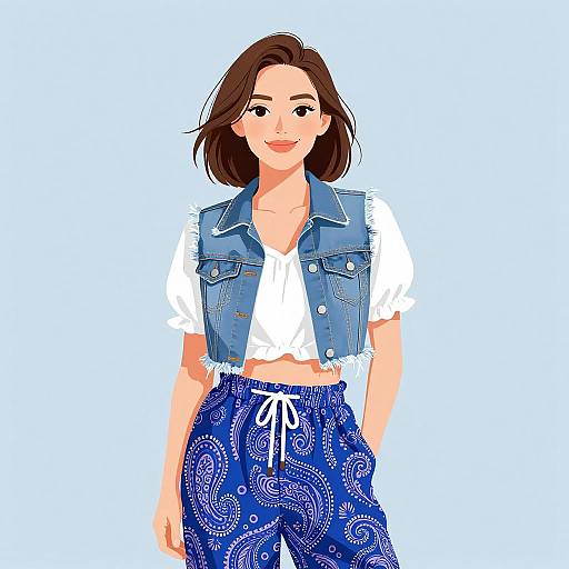 Digital illustration of a smiling woman with brown hair, wearing a blue denim vest over a white blouse, and blue paisley-patterned pants, against a