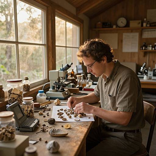 Anthropologist Cataloging Fossils in Cozy Lab