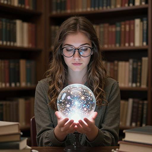 Photograph of a young woman with long brown hair, glasses, and gray cardigan, holding a glowing, magical snow globe in a library.