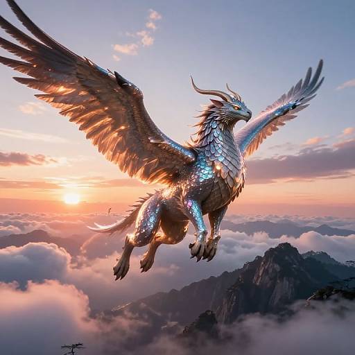Digital fantasy artwork of a shimmering, silver-scaled dragon with large, glowing wings soaring above a mountainous, cloud-covered landscape at sunset.