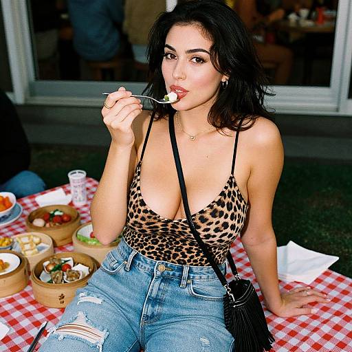 Photograph of a curvy woman with medium skin tone, black hair, wearing a leopard print top and ripped jeans, eating from a spoon at an
