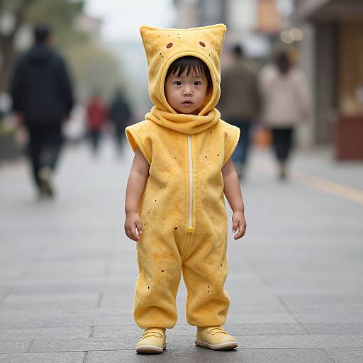Photograph of an Asian toddler in a yellow Pikachu onesie with cat ears, standing on a blurred city sidewalk.