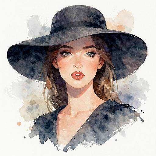 Watercolor-style digital portrait of a beautiful young woman with fair skin, full red lips, and brown eyes, wearing a large black hat and black top