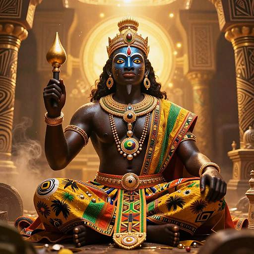 Photorealistic digital artwork of a dark-skinned, blue-painted deity with black hair, wearing colorful, patterned attire, golden jewelry, and