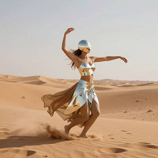 Photograph of a woman dancing in a desert, wearing a blue and gold bikini top, flowing white skirt, and silver helmet, with sand swirling around