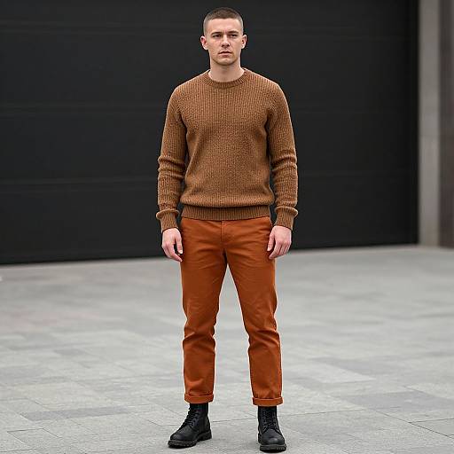 Photograph of a young man with short dark hair, wearing a brown knit sweater, orange pants, and black boots, standing in front of a black