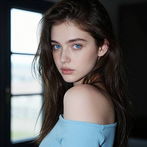 Photograph of a young woman with long dark brown hair, striking blue eyes, pale skin, and an off-shoulder light blue top, g