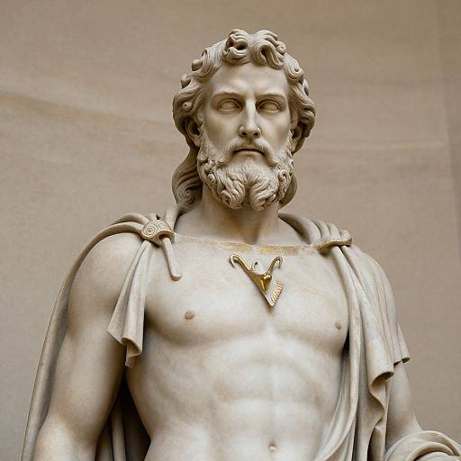 Photograph of a classical marble statue depicting a bearded, muscular man with wavy hair, draped in a cloth, wearing a winged pendant,