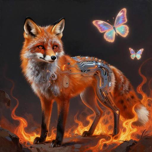 Digital artwork of a cybernetic fox with glowing orange fur, mechanical parts, and red eyes, standing amidst fiery flames, with two glowing butterflies in