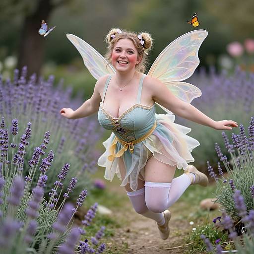 Digital art of a cheerful fairy with blue dress, white wings, and double buns, leaping through a lavender field with butterflies.
