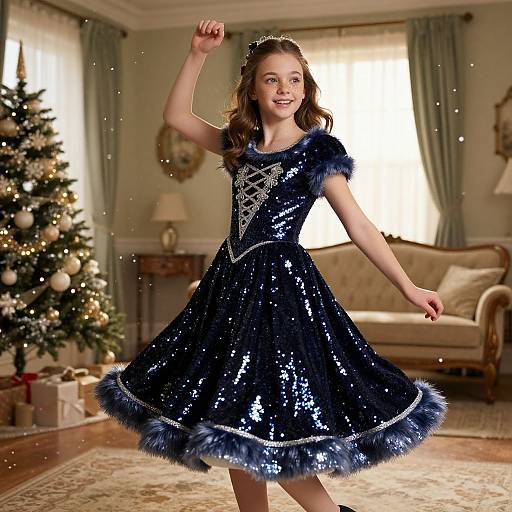 Photograph of a smiling young girl in a sparkly blue, sequined dress with fur trim, dancing in a festive, warmly lit living room with