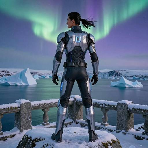 Futuristic Warrior Under Aurora Borealis