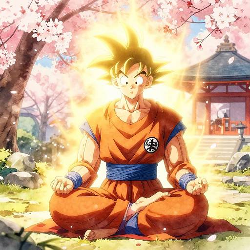 Goku Meditating in Cherry Blossom Garden