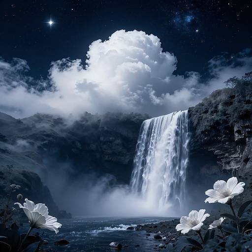 Digital artwork of a luminous waterfall under a starry night sky, with glowing white flowers in the foreground.
