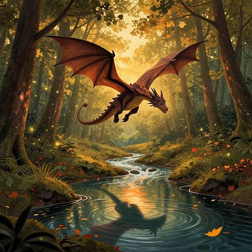 Digital fantasy artwork: A red dragon with outstretched wings soars above a reflective forest stream, surrounded by glowing fireflies and autumn leaves.