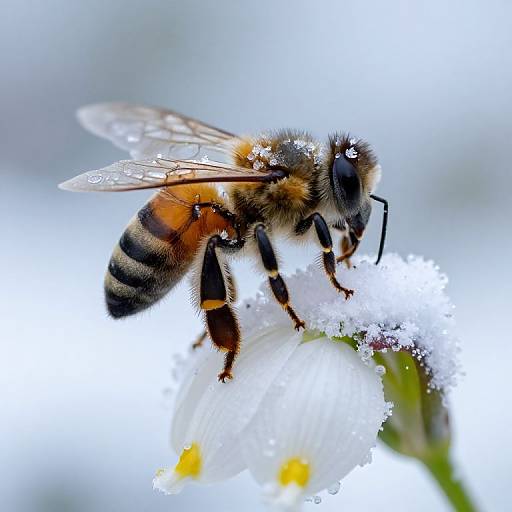 Close-up photograph of a honeybee with water droplets on its wings, perched on a frosty white daisy with yellow centers.