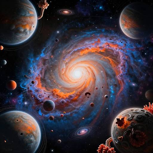 Digital CGI of a vibrant, swirling galaxy at the center of a starry, cosmic space, surrounded by various planets and celestial bodies. Bright orange and