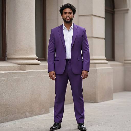 Photograph of a Black man with curly hair and beard, wearing a purple suit, white shirt, and black shoes, standing in front of beige stone