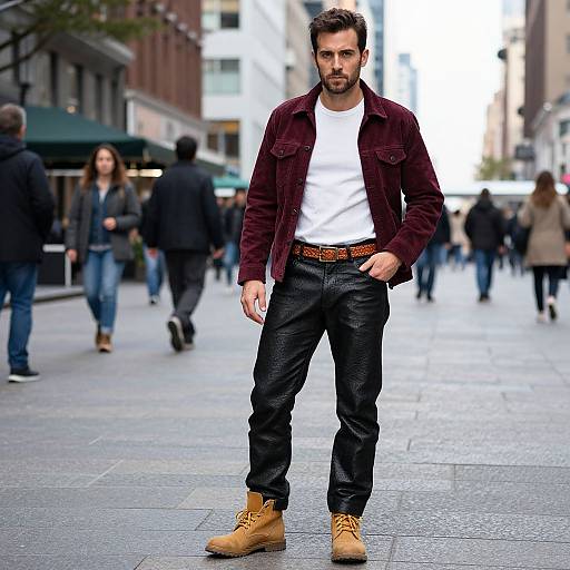 Photograph of a bearded man with dark hair, wearing a burgundy velvet jacket, white tee, black jeans, and tan boots, standing confidently
