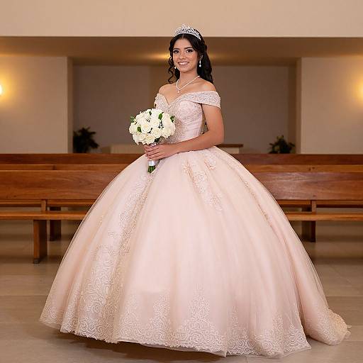 Photograph of a smiling Latina bride in an off-shoulder, ivory lace wedding gown with a full skirt, holding a white bouquet, standing in