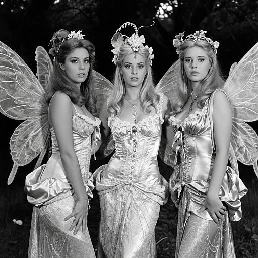 Black-and-white photograph of three fairies with long hair, floral crowns, delicate wings, and satin dresses, standing closely together.