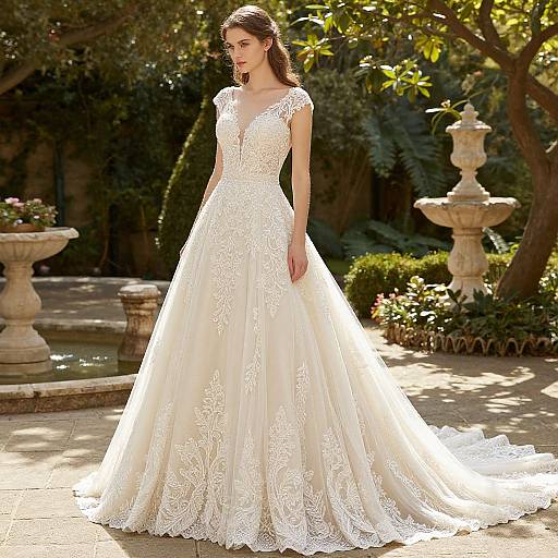 Photograph of a slender, fair-skinned woman in a white, lace-embroidered, V-neck, full-length wedding gown, standing in