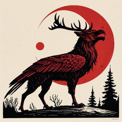 Crimson Griffin Woodblock Print