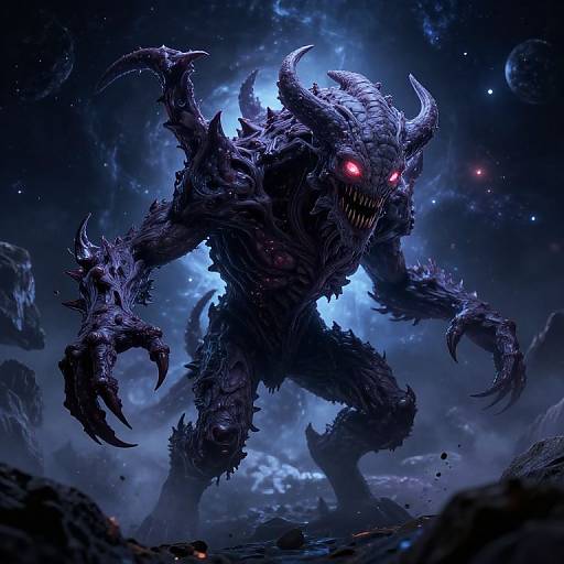 Digital illustration of a dark, demonic creature with glowing red eyes, sharp claws, and horns, standing amidst a starry, rocky galaxy backdrop.