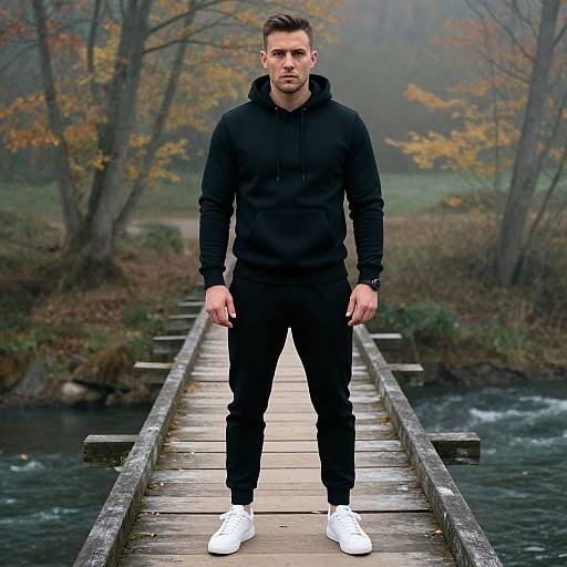 Photograph of a tall, handsome man with short brown hair, wearing a black hoodie and pants, white sneakers, standing on a wooden bridge in a