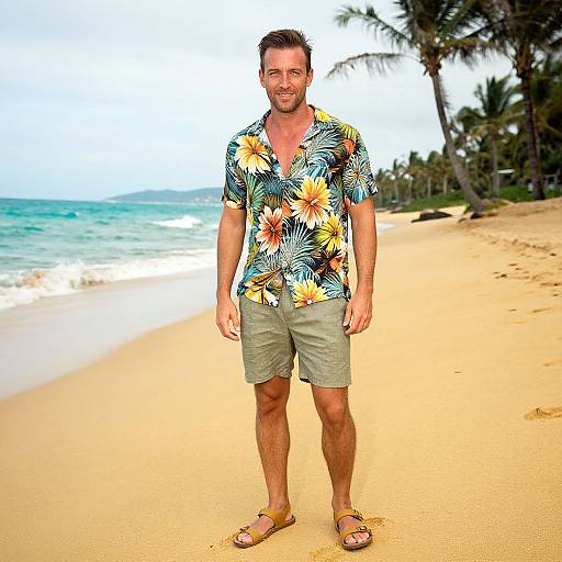 Photograph of a smiling man with short brown hair in a colorful Hawaiian shirt, green shorts, and sandals on a sunny tropical beach with palm trees and