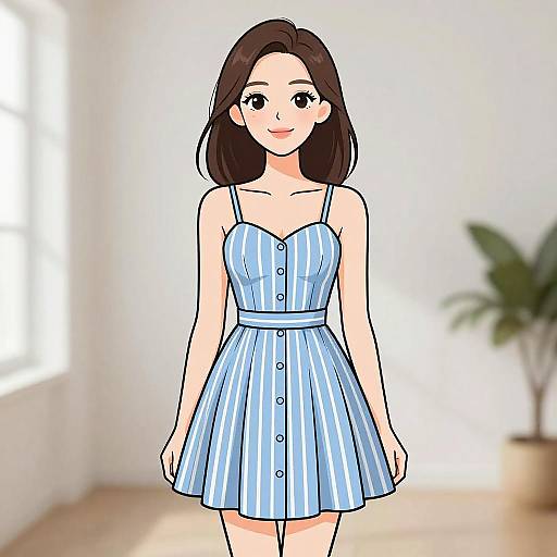 Digital anime-style drawing of a smiling young woman with straight brown hair, wearing a blue and white striped sundress, standing in a bright, sunlit