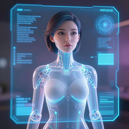 Digital CGI of a glowing, futuristic, cybernetic Asian woman with short black hair, blue neon lines on her body, against a holographic blue