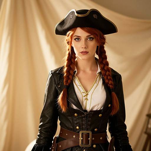 Photograph of a red-haired woman in a black pirate outfit with a tricorn hat, braided hair, gold necklace, and leather jacket. Cream