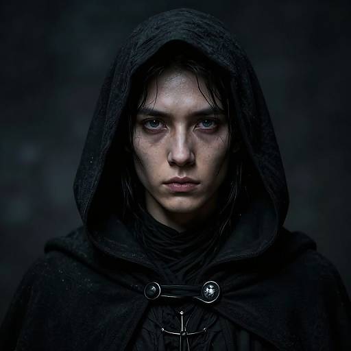 Digital portrait of a pale, serious young woman with dark wet hair, wearing a black hooded cloak, against a dark, blurred background. Moody,