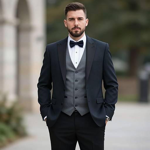 Photograph of a handsome, bearded man with short dark hair, wearing a black suit, grey vest, white shirt, and black bow tie,