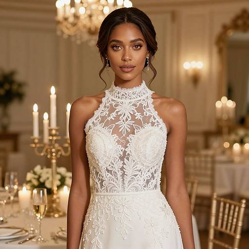 Photograph of a beautiful Black woman with dark skin and wavy hair in an elegant white lace sleeveless wedding dress, standing in a warmly lit,
