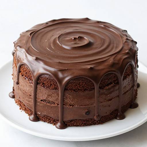 Photograph of a rich, round chocolate cake with swirls on top, coated in glossy chocolate icing that drips down the sides.